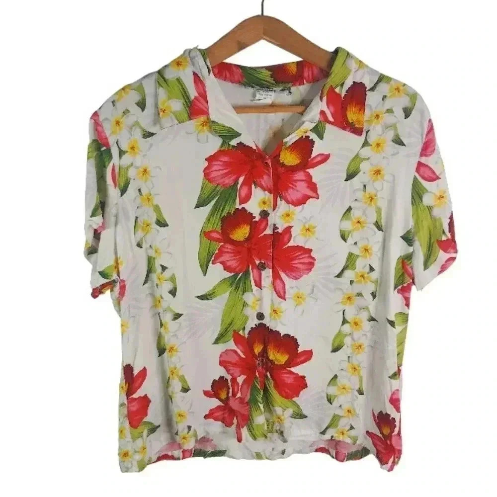 Vintage Tropical Cropped Short Sleeved Button Up Floral Summer Beach Size XL